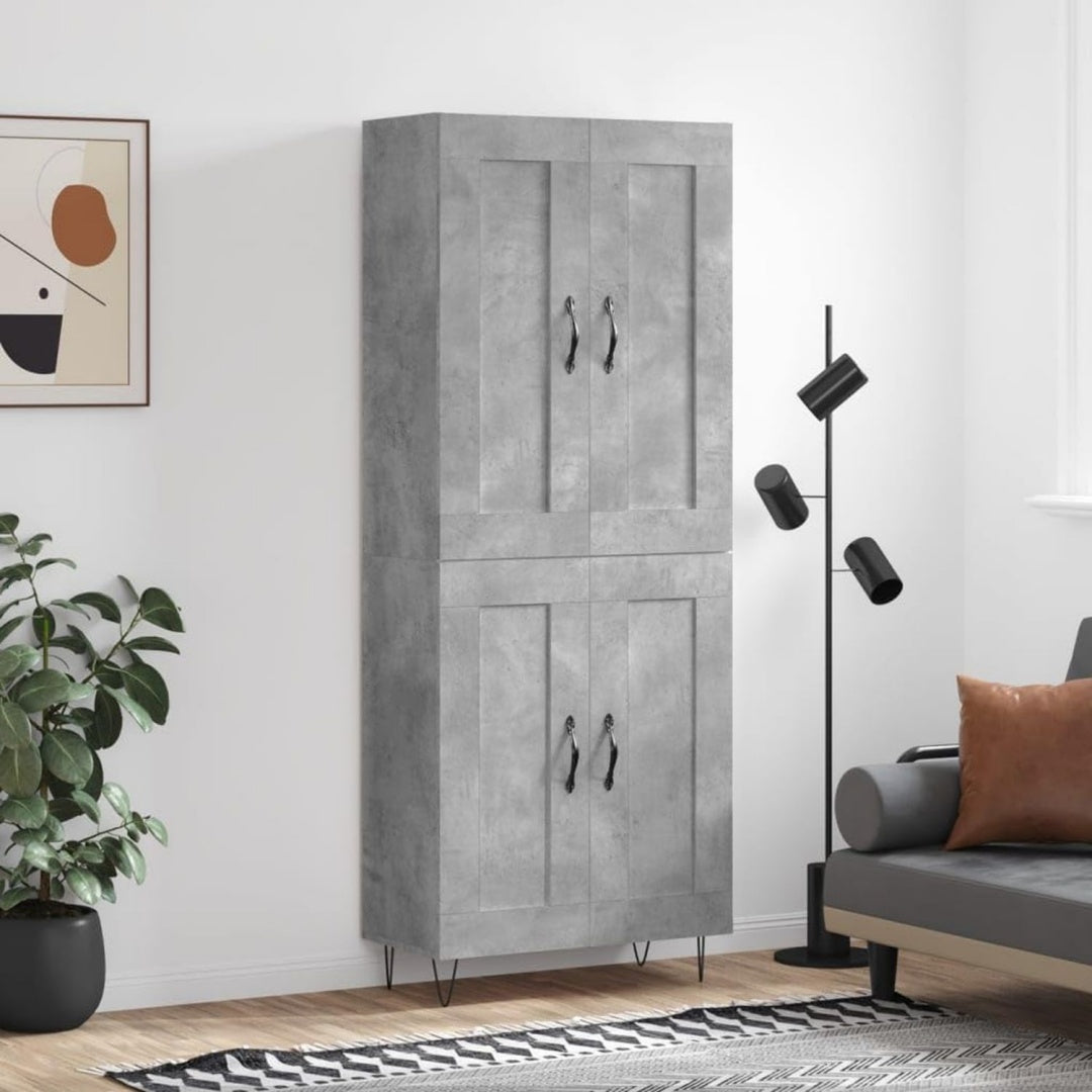 Der Hochschrank misst 69.5 x 34 x 180 cm in Betongrau aus Holzwerkstoff
