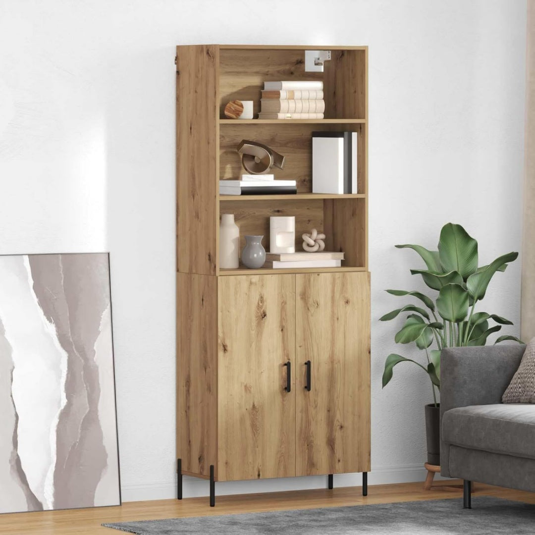Hochschrank aus Holzwerkstoff und Glas in Eichenbraun