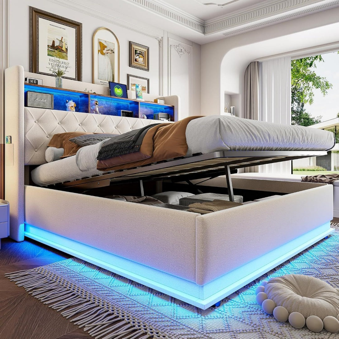 Ein hydraulischer Mechanismus und LED Beleuchtung bestimmen das Bettgestell